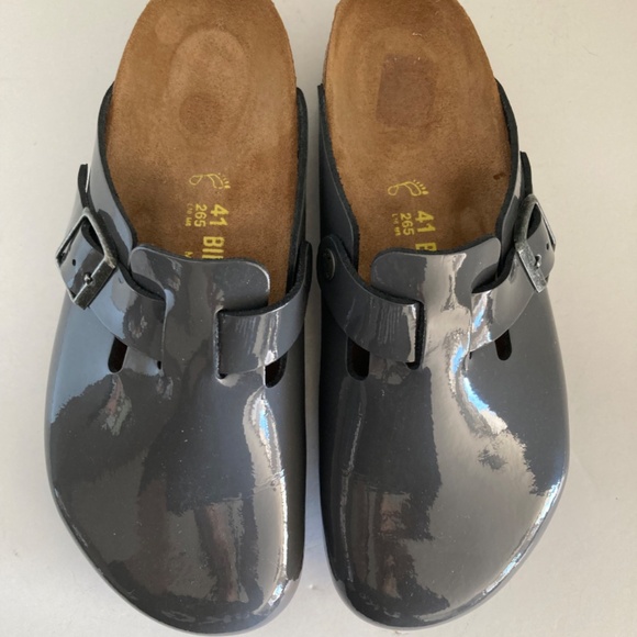 Birkenstock Boston Clogs EU41 Gray Patent Leather Cork Footbed Slip-On Germany - Picture 5 of 16